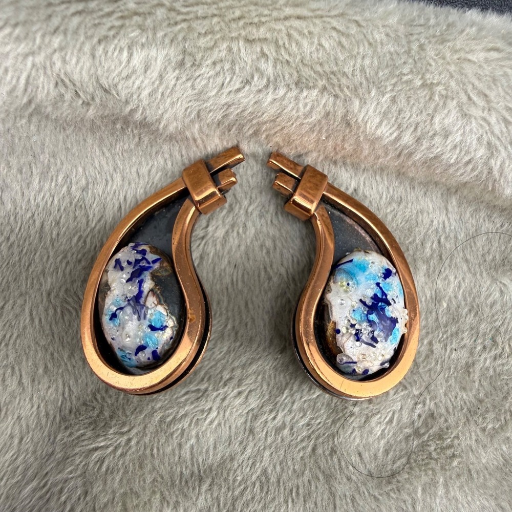 Vintage Matise Renoir Clip On Earrings Copper Enamel Glass